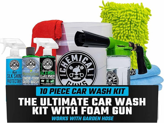 Chemical Guys HOL148 10-Piece Arsenal Builder Car Wash Kit with Foam Gun, Bucket, (4) Towels, Wash Mitt and (3) 16 oz. Car Cleaning Chemicals (Works w/Garden Hose) – 2024 Version