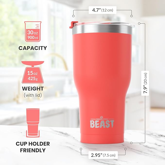 Beast 30 oz Tumbler Stainless Steel Vacuum Insulated Coffee Ice Cup Double Wall Travel Flask (Coral Pink)