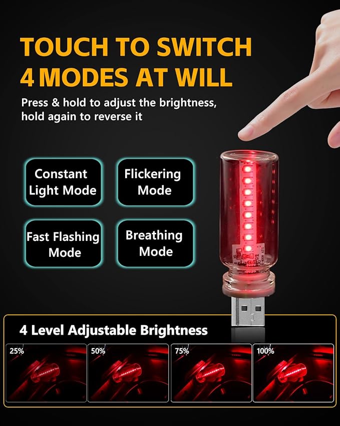 2PCS USB Lights for Car, Retro LED Car Interior Lamp Ambient Lighting, Universal USB Plug Lights for Cars, bedrooms, Camping, Parties, Clear Glass Bottle Decorative Night Light, Red Light