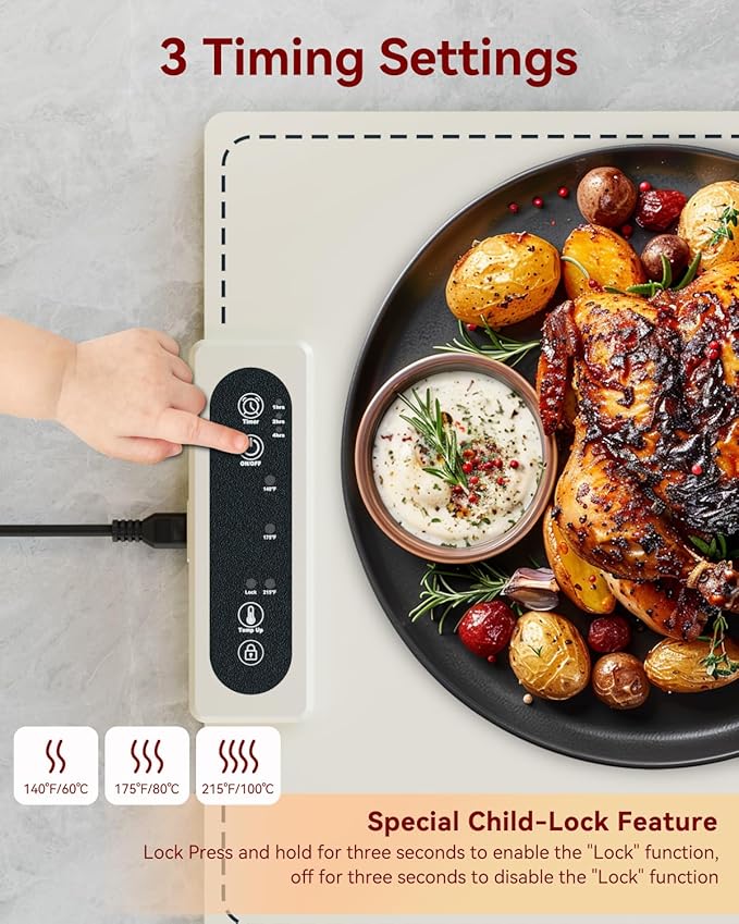 Negative ion Food Warming Mat with Adjustable Temperature,Foldable Electric Warming Tray for Parties Features 3 Modes & Fast Heating,Roll Up Food Warmer for Parties,Shabbat,Christmas （White）