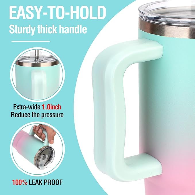 Zukro 24 oz Ceramic Lined Insulated Tumbler with Handle and Straw, No Metal Taste or Smell, Travel Coffee Mug with Spillproof Lids, No Sweat Stainless Steel Cup, Dishwasher Safe, Teal