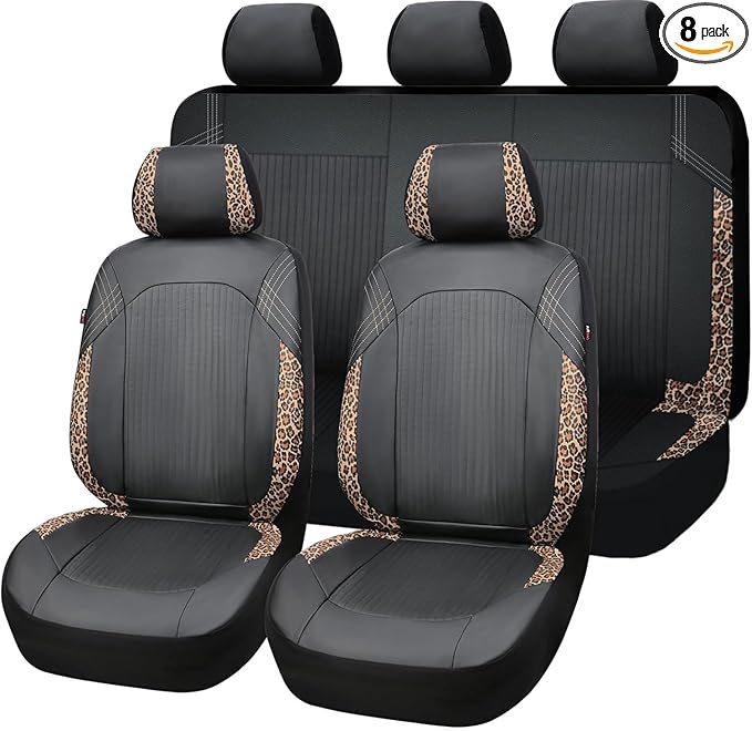 Flying Banner Synthetic Leather car seat Covers Full Set Front and Rear Bench Fashion Easy Installation Cup Holder Free (Black & Leopard Print, Low Bucket - Full Set)