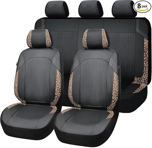 Flying Banner Synthetic Leather car seat Covers Full Set Front and Rear Bench Fashion Easy Installation Cup Holder Free (Black & Leopard Print, Low Bucket - Full Set)