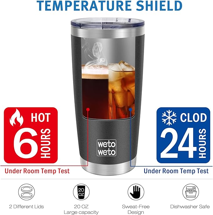 WETOWETO 20oz Tumbler with 2 lids and 2 straws, Stainless Steel Vacuum Insulated Coffee Tumbler Cup, Double Wall Powder Coated Leak-proof Travel Coffee Mug Cup (Black, 1 Pack)
