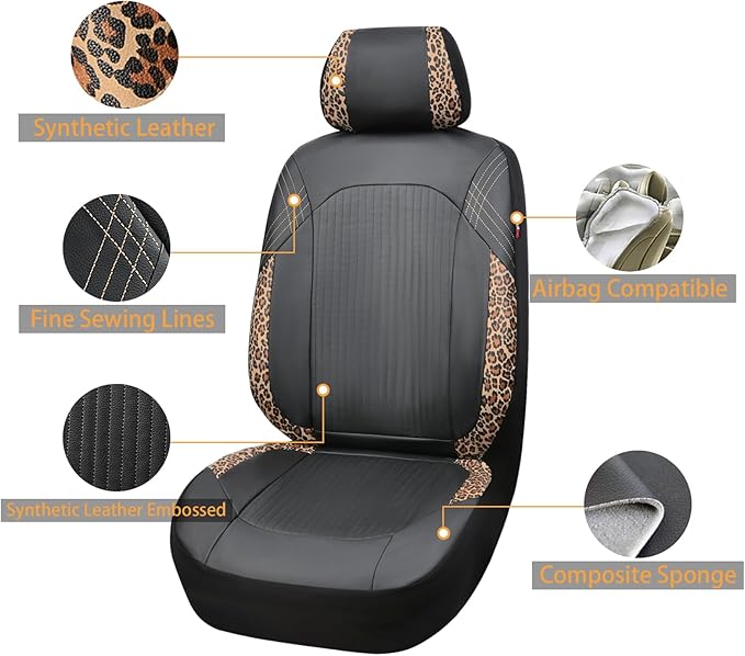 Flying Banner Synthetic Leather car seat Covers Full Set Front and Rear Bench Fashion Easy Installation Cup Holder Free (Black & Leopard Print, Low Bucket - Full Set)