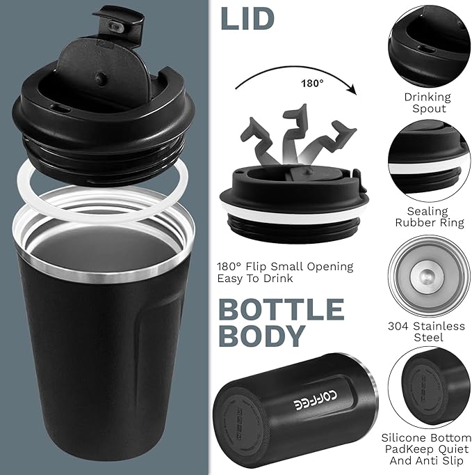YINBAOGE Insulated Travel Coffee Mug, Spill & Leak Proof, Portable To Go Camping Stainless Steel Coffee Tumbler, Reusable Thermal Coffee Cup with Lid for Hot & Cold Drinks (2nd-Black, 12 OZ)