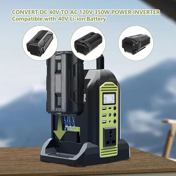 350W Power Inverter 2 Port Pure Sine Wave Inverter Compatible with Ryobi 40V Li-ion Battery, DC 40V to AC 120V with AC Outlet, USB Port, Type-C Port, 300LM LED Light for Camping Emergency