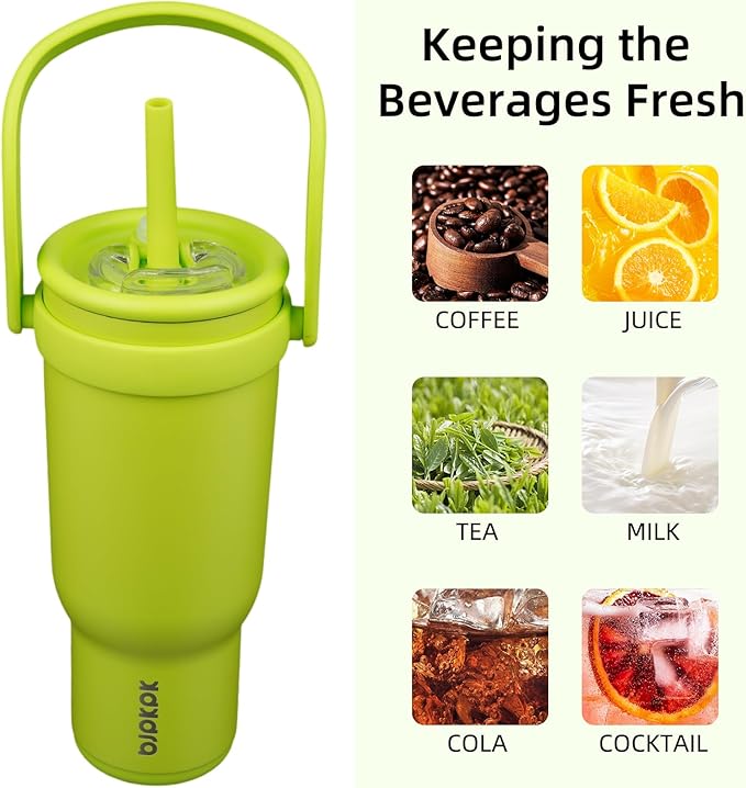 BJPKPK 30 OZ Insulated Travel Tumbler with Handle and Straw, Stainless Steel Water Bottle, Double Wall Vacuum Insulated Mug, for Work, Car, Travel, Bright Green