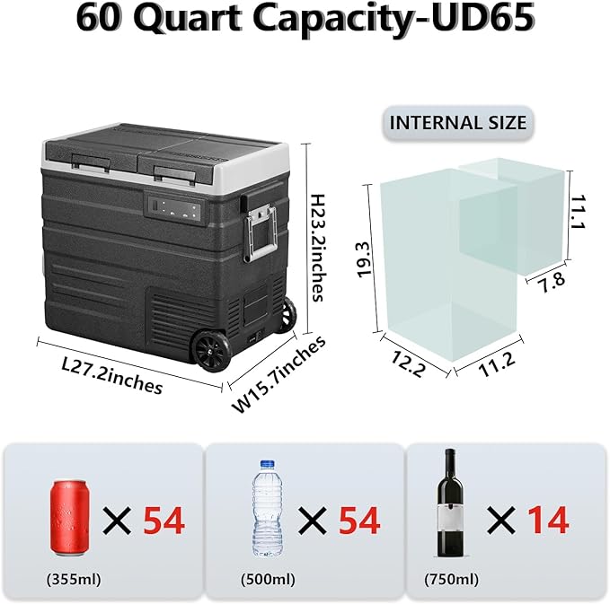 Alpicool UD65 Portable Wheeled Car Freezer with Dual Compartments,12 Volt Car Refrigerator, 60 Quart Fast Cooling Fridge, with 12/24V DC and 100-240V AC for Outdoor, Camping, RV, Truck