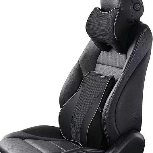 Lumbar Support and Car Neck Pillow for Office Chair and Car Seat ，Softness Memory Foam Erognomic Seat Cushion with Adjustable Strap，Comfortable Ergonomic Design (Black, Polyester)