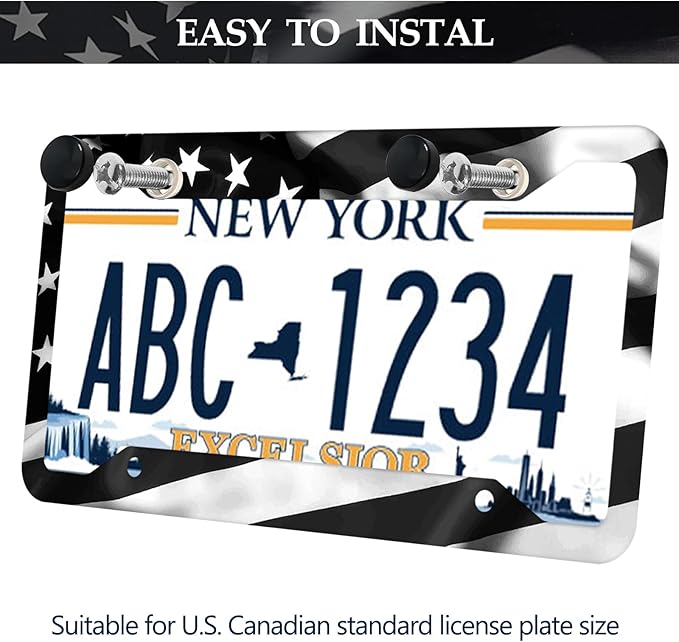 Black American Flag License Plate Frames - 2 Pack Patriotic Matte Gloss Stars Stripe US Flag Stainless Steel Metal Car Tag Frame Holder Covers with 4 Fluttering Flag Valve Stem Caps, Screws Fasteners