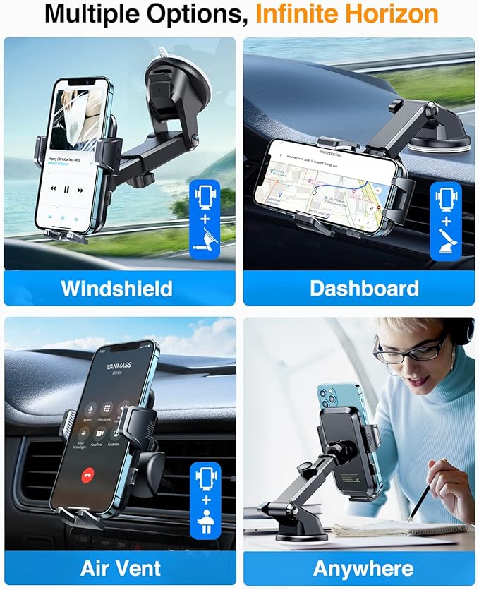 VANMASS 2025 True Upgraded Car Phone Holder, [85+ LBS Strongest Suction] Patent Safety Cell Phone Mount Windshield Dashboard Vent Truck Stand Cradle for iPhone 16 Pro Max 15 14 13 Android, Matt Blue