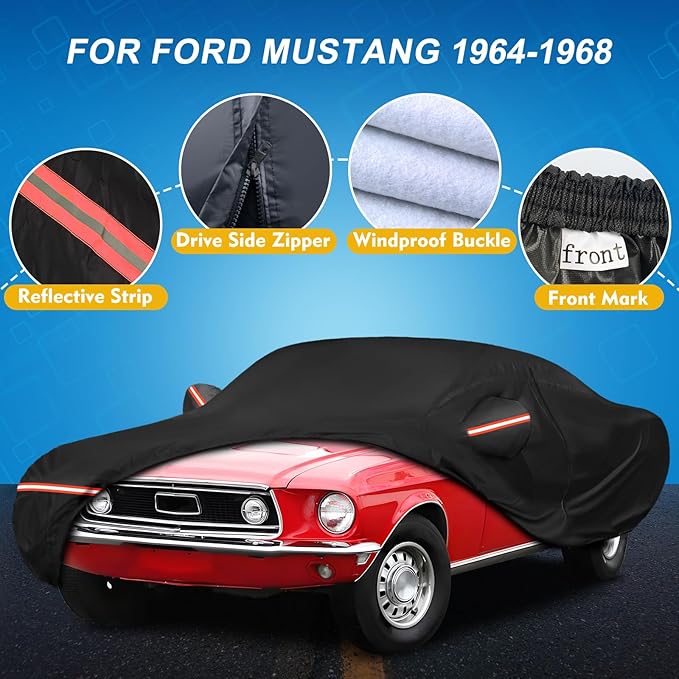 QUNSUNUS 6 Layer Car Cover for Ford Mustang 1964-1968 Waterproof All Weather 210D Windproof for Ford Mustang Car Cover Hail Protection with Zipper