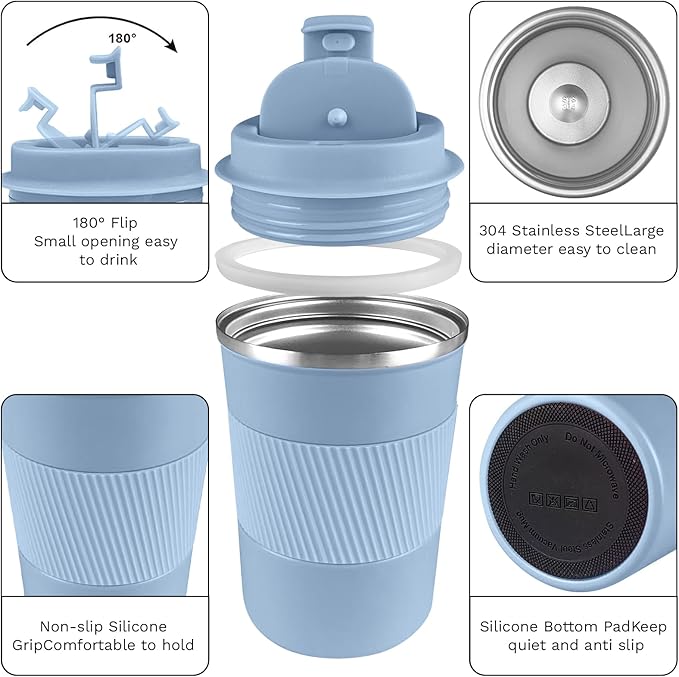 YINBAOGE Insulated Travel Coffee Mug, Spill & Leak Proof, Portable To Go Camping Stainless Steel Coffee Tumbler, Reusable Thermal Coffee Cup with Lid for Hot & Cold Drinks (Light blue, 12 OZ)