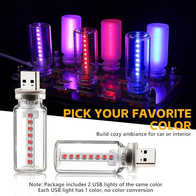 2PCS USB Lights for Car, Retro LED Car Interior Lamp Ambient Lighting, Universal USB Plug Lights for Cars, bedrooms, Camping, Parties, Clear Glass Bottle Decorative Night Light, Red Light