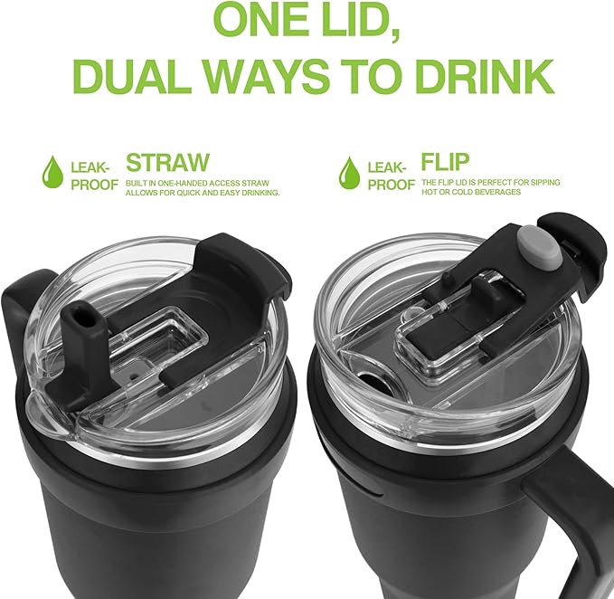 Zukro 50 oz Tumbler With Handle And Straw, Leak-proof Closable Flip Straw Lid, Insulated Stainless Steel Water Bottle for Hot & Cold Drinks, Large Travel Mug Fit in Cup Holder, Dishwasher Safe, Black