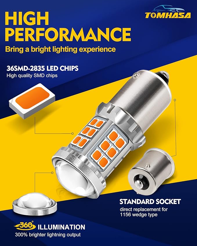 1156 LED Bulb Amber 1156 LED Turn Signal Light bulbs, 1141 led bulb Amber, 7506 1003 P21W BA15S LED 1156 Bulbs Replacement Lamp for Car Blinker Brake DRL, pack of 2