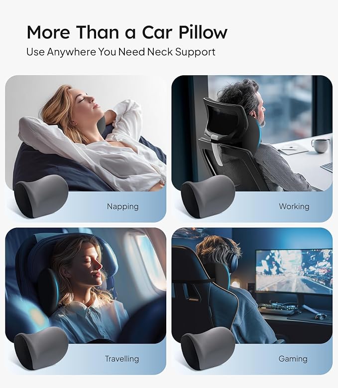 Wigoo 2025 Upgrade Car Neck Pillow [No More Pressure, Odorless] Soft Car Headrest Pillow with Adjustable Strap Removable Cover 100% Memory Foam, Fits All Vehicles (Gray 2-Pack)