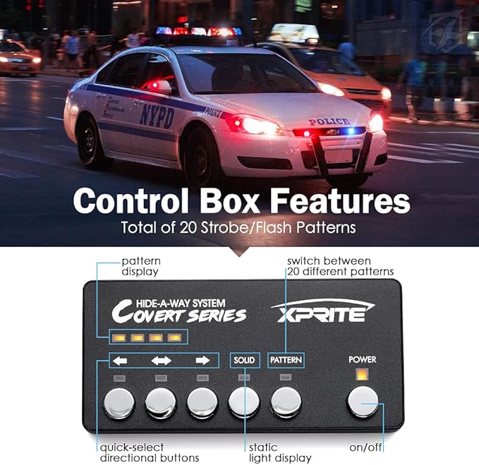 Xprite Red Blue LED Hideaway Strobe Police Lights Kit, 20 Flashing Patterns w/Control Panel for Headlights Taillights Hazard Warning Mounting, for Emergency Vehicles Volunteer Cop Cars Trucks, 4PCS