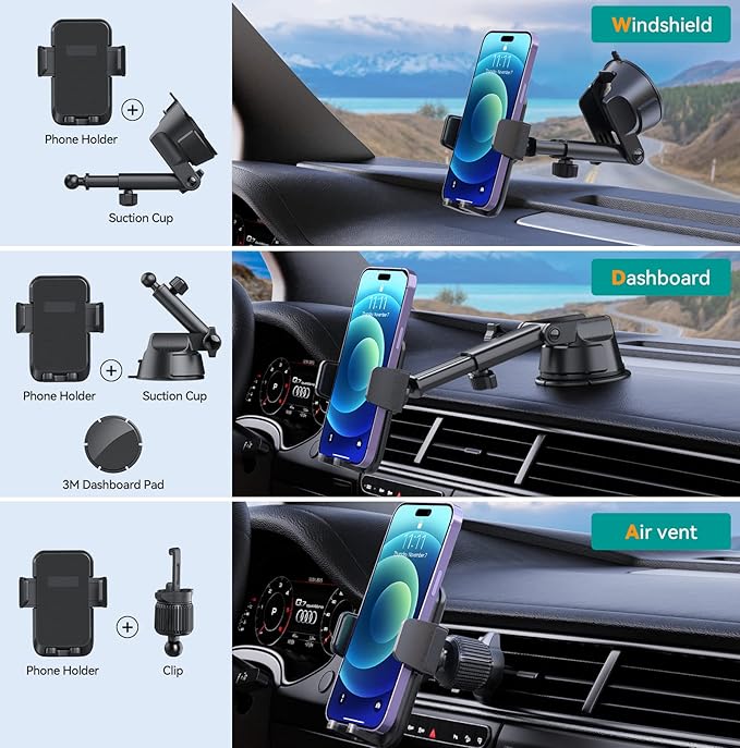 Car Phone Holder Mount, [Military-Grade Suction & Super Sturdy Base] 3 in 1 Universal Phone Mount for Car Dashboard Windshield Air Vent Car Mount for iPhone Android Smartphone GPS Navigator