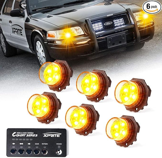 Xprite Amber LED Hideaway Strobe Lights Kit 20 Flashing Patterns w/Control Panel Headlights Taillights Fog Marker Light Mounting, for Roadside Emergency Vehicles Trucks SUV Vans 12V Cars 6 PCs