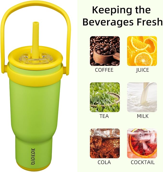 BJPKPK 40 OZ Insulated Travel Tumbler with Handle and Straw, Stainless Steel Water Bottle, Double Wall Vacuum Insulated Mug, for Work, Car, Travel, Green