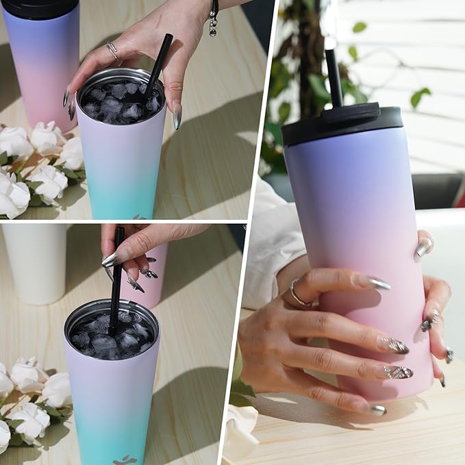 18 OZ Insulated Tumbler with Lid and 2 Straws Stainless Steel Water Bottle Vacuum Travel Mug Coffee Cup,Navy blue