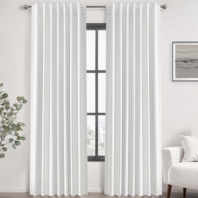 UHITECH 100% Blackout Curtains for Bedroom 84 Inches Length 2 Panels Set White Curtain Textured Linen Black Out for Living Room Window Back Tab Linen Drapes