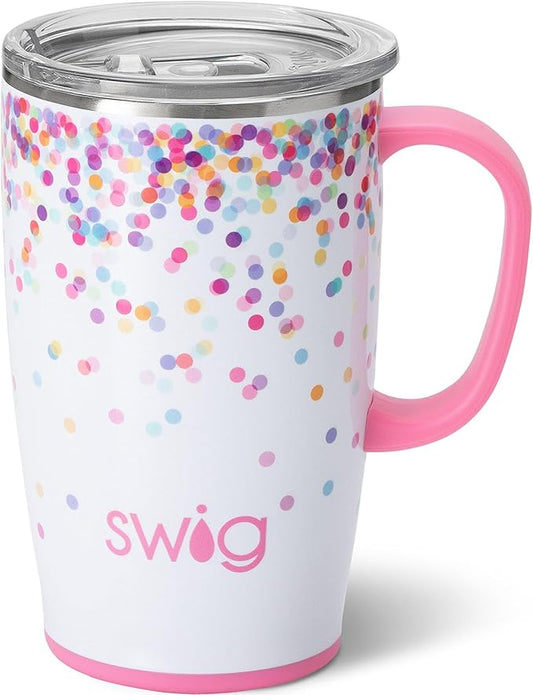 Swig Life 18oz Travel Mug, Insulated Tumbler with Handle and Lid, Cup Holder Friendly, Dishwasher Safe, Lightweight Stainless Steel Travel Coffee Cup, Glitter Tumbler, Glitter Gifts (Confetti)