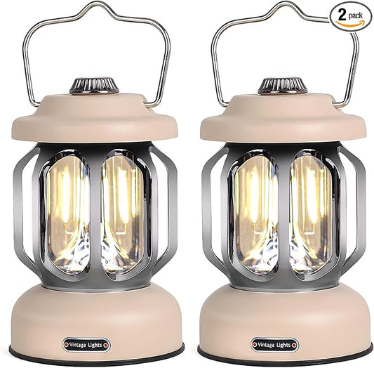 Rechargeable LED Camping Lanterns, Vintage Camping Lights Battery Operated, Portable Retro Metal Glamping Lights for Hiking, Hurricane, Decoration, Power outages, White, 2 Pack