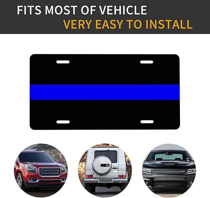 Front License Plate Thin Blue Line Vanity Plates Aluminum Metal Decorative Car Tag Flag Novelty License Plate Cover for Men Women ‎6 * 12 in (4 Holes)