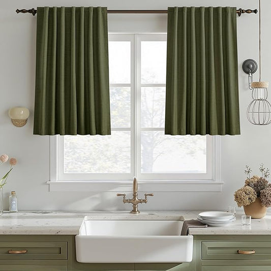 UHITECH Olive Green 36 Inch Curtains for Living Room 2 Panels Short Blackout Curtains Linen Blend for Bedroom Thermal Room Darkening Drapes for Small Windows Black Out