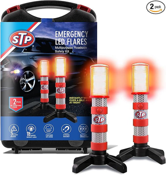 XTREME STP Emergency LED Road Flares, 3 Separate Lighting Modes: Flashing Red, Solid Red and White Flashlight, Visible From Up To A Mile, Foldable Stands/Built-In Magnet Sticks To Car