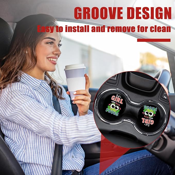 Frog Car Coasters for Cup Holders, Frog Lover Absorbent Ceramic Car Coaster Car Cup Holder Coaster Car Accessories for Women Men (2 Pack)