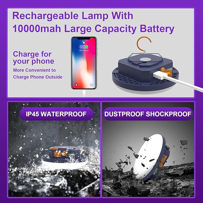 2pcs 10000mAh Rechargeable Camping Light Brightness Stepless Dimming, IP45 Waterproof Tent Light Power Failure (UV)
