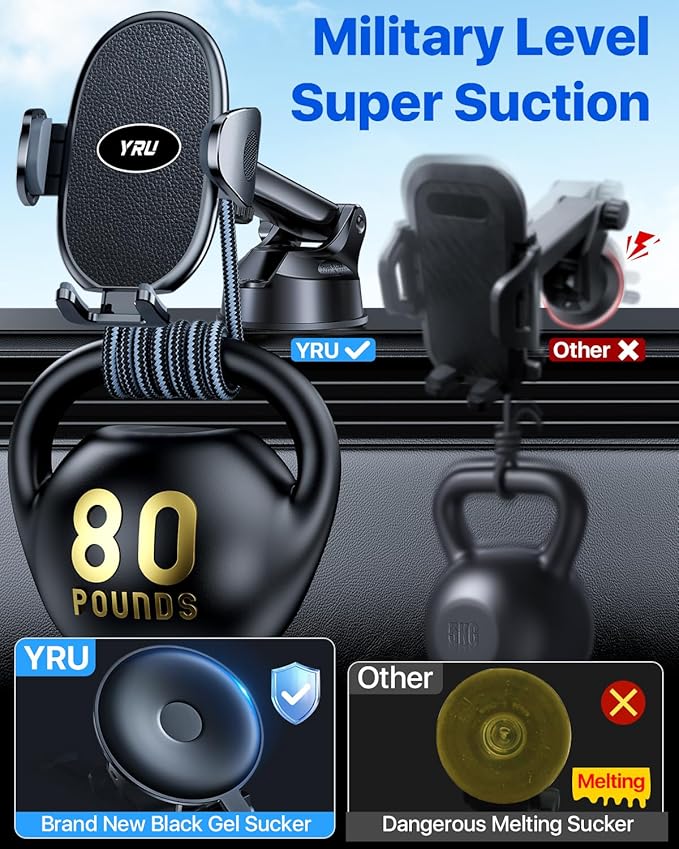 YRU [2025 Upgraded] Universal Car Phone Holder Mount【 360°Rotatable & Strong Suction】 Cell PhoneHolder Car Dashboard Windshield Phone Holder Dash Stand for iPhone 16 15 14 13 12 Samsung Truck, Black