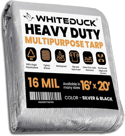 WHITEDUCK Super Heavy Duty Poly Tarp Cover 16 Mil & 10 Mil with Grommets and Reinforced Edges (Brown, White & Silver Black) (Silver Black- 16 Mil, 16' x 20')