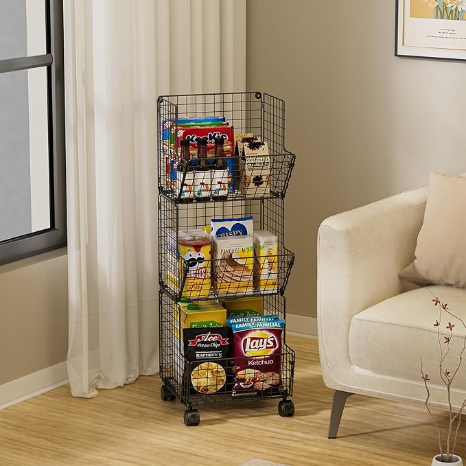 Outdoor Toy Storage Basket, Play Kitchen Organizer with 5 S-Hooks,3 Tier Rolling Storage Cart Garage, Pantry Floor Snack Cart with Wheels,Toy Shelf Dog Storage Organizer Kids Bookshelf