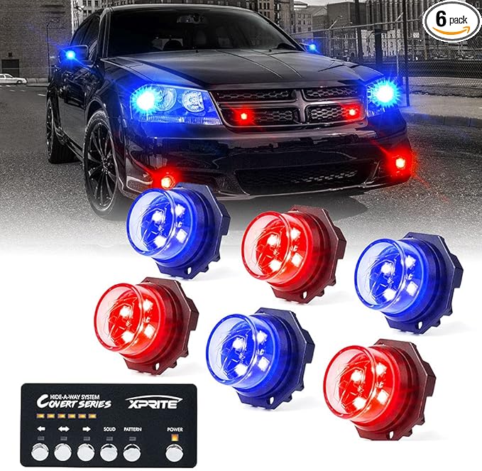 Xprite Red Blue LED Hideaway Strobe Police Lights Kit, 20 Flashing Patterns w/Control Panel for Headlights Taillights Hazard Warning Mounting, for Emergency Vehicles Volunteer Cop Cars Trucks 6PCS