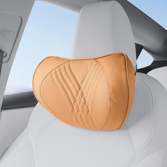 Car Neck Pillow Memory Foam Premium Leather Headrest Neck Support Cushion Universal for Driving Home Office, Palomino Brown,1PC