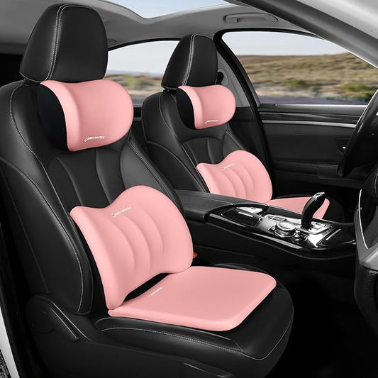 Car Seat Cushion with Neck Pillow & Lumbar Support Kit Back Sciatica Tailbone Pain Relief Car Pillows Ergonomic Memory Foam Back Support for Driving Seat Office Chair Wheelchair Pink