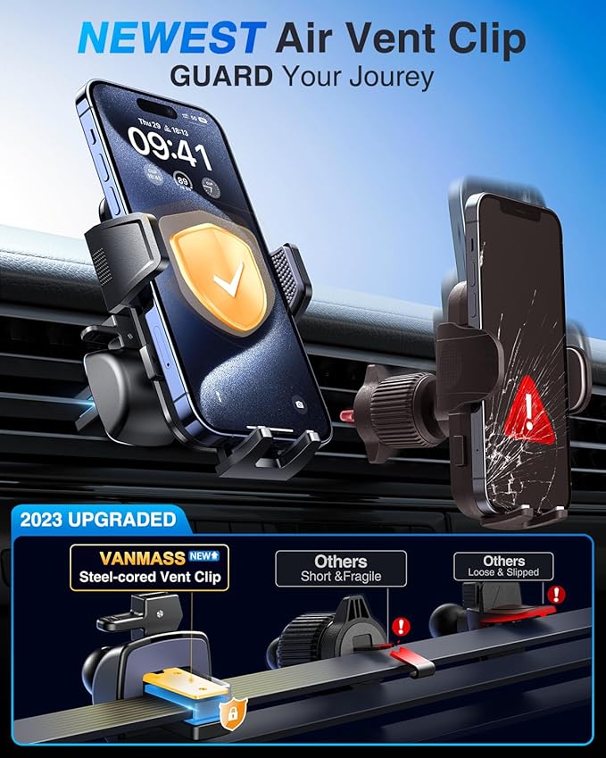 VANMASS 2025 True Upgraded Car Phone Holder, [85+ LBS Strongest Suction] Patent Safety Cell Phone Mount Windshield Dashboard Vent Truck Stand Cradle for iPhone 16 Pro Max 15 14 13 Android, Matt Blue