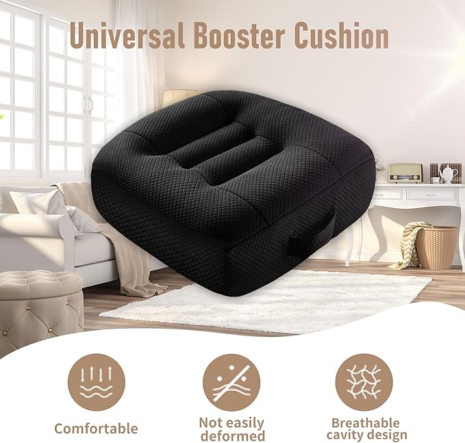 15.7x15.7x4.7 Inches Adjustable Thicknes Car Booster Seat Cushion Office boosr seat Cushion，Nylon Mesh & PP Memory Foam, Height-Adjustable for Driving, Office, Yoga, and Outdoor Use - Black
