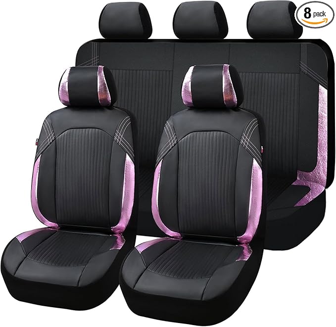 Flying Banner Synthetic Leather car seat Covers Full Set Front and Rear Bench Fashion Easy Installation Cup Holder Free (Black & Pink, Low Bucket - Full Set)