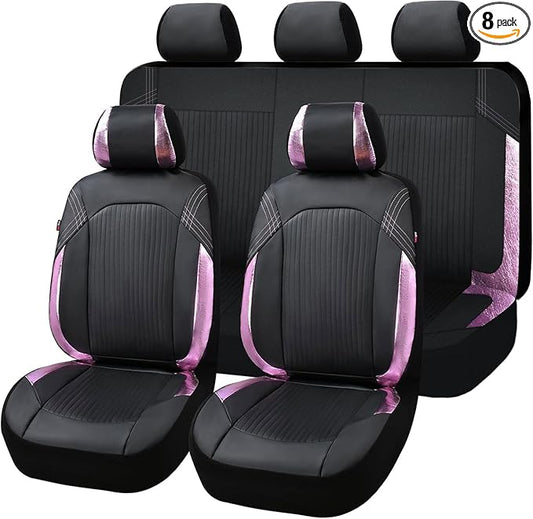 Flying Banner Synthetic Leather car seat Covers Full Set Front and Rear Bench Fashion Easy Installation Cup Holder Free (Black & Pink, Low Bucket - Full Set)