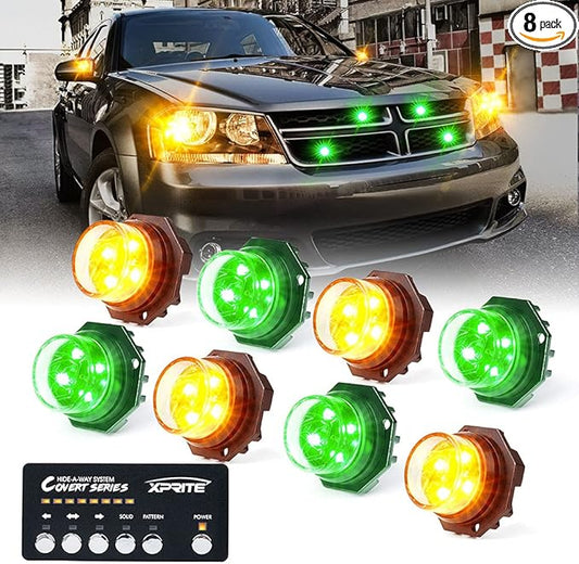 Xprite Amber Green LED Hideaway Strobe Lights Kit 20 Flashing Patterns w/Control Panel Headlights Taillights Fog Light Mounting, for Roadside Emergency Vehicles Trucks SUV Vans Cars 8 PCs