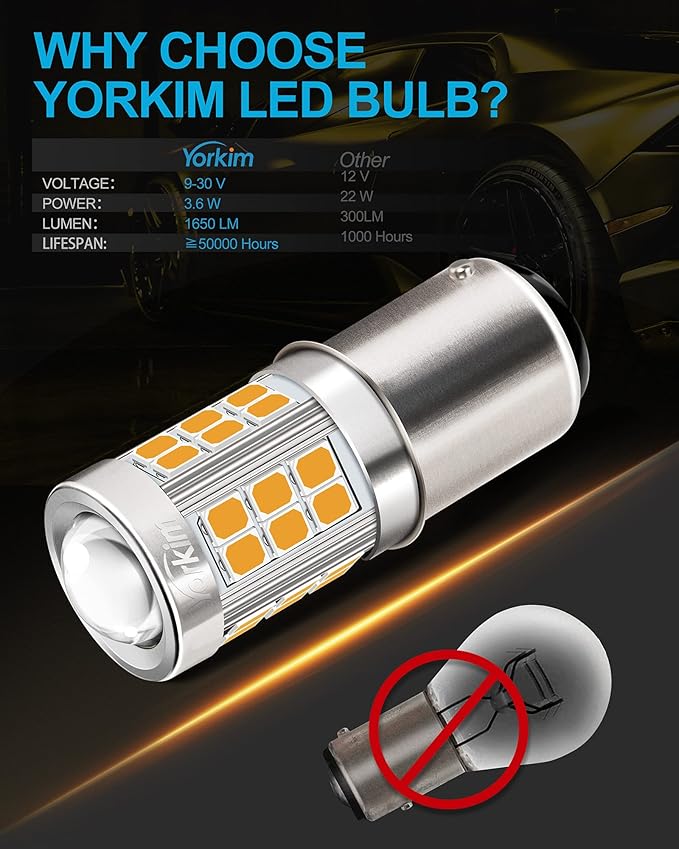 Yorkim 1157 LED Bulb Amber, 1157 led turn signal bulb, 2357 led bulb 2057 7528 BAY15D Replacement for Turn Signal Blinker Lights Side Marker Lights, Amber Yellow, pack of 2