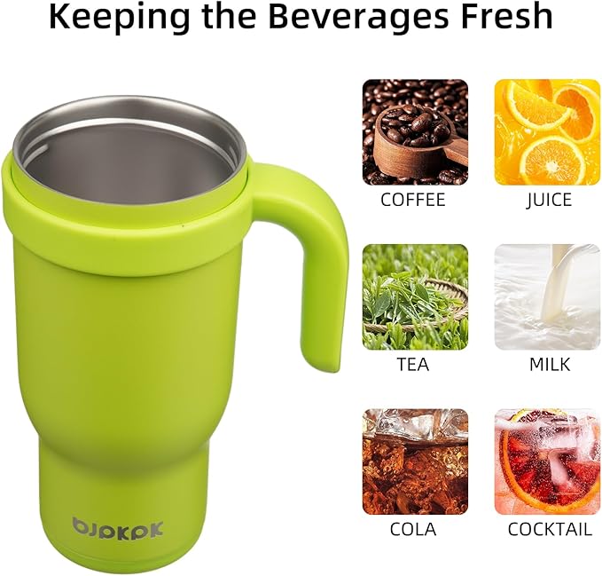 BJPKPK 14 OZ Insulated Travel Tumbler with Handle and Straw, Stainless Steel Water Bottle, Double Wall Vacuum Insulated Mug, for Work, Car, Travel, Bright Green