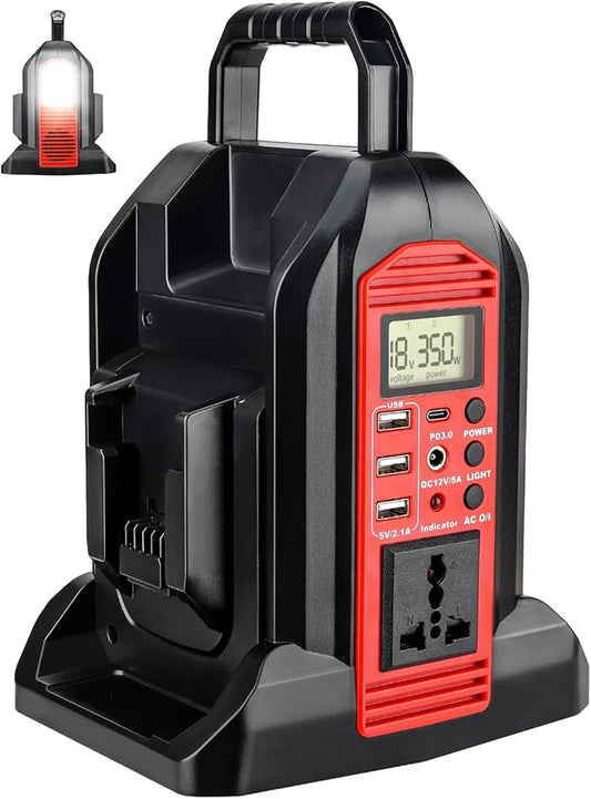 Taingwei 350W Power Inverter for Milwaukee M18 18V Battery, 2-Ports DC 18V to AC 110-120V Pure Sine Wave Battery Inverter with 3 USB-A Port, 1 USB-C Port,LED Light for Camping Emergency(Tool Only)