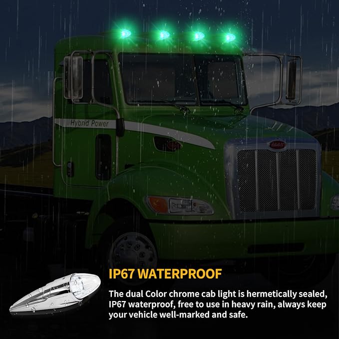 1PC 21 LED Dual Color Cab Marker Light, Clear Lens Chrome Torpedo Cab Marker Roof Running Top Lights, Replacement for Heavy Duty Trucks Kenworth Freightliner Peterbilt International Mack, Amber/Green